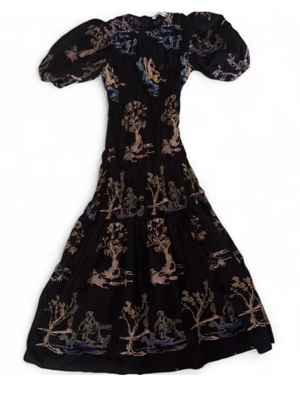 Zara Black Maxi Dress with Pastel Scenic Print and Puff Sleeves